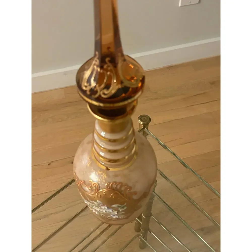 Vintage MOSER Large Decanter Art Nouveau tall stopper 20” Gold Pink Floral 60s